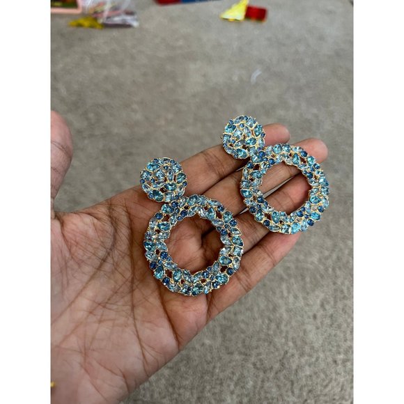 blue rhinestone earrings big statement long big aqua aquamarine large crystal - Picture 2 of 7